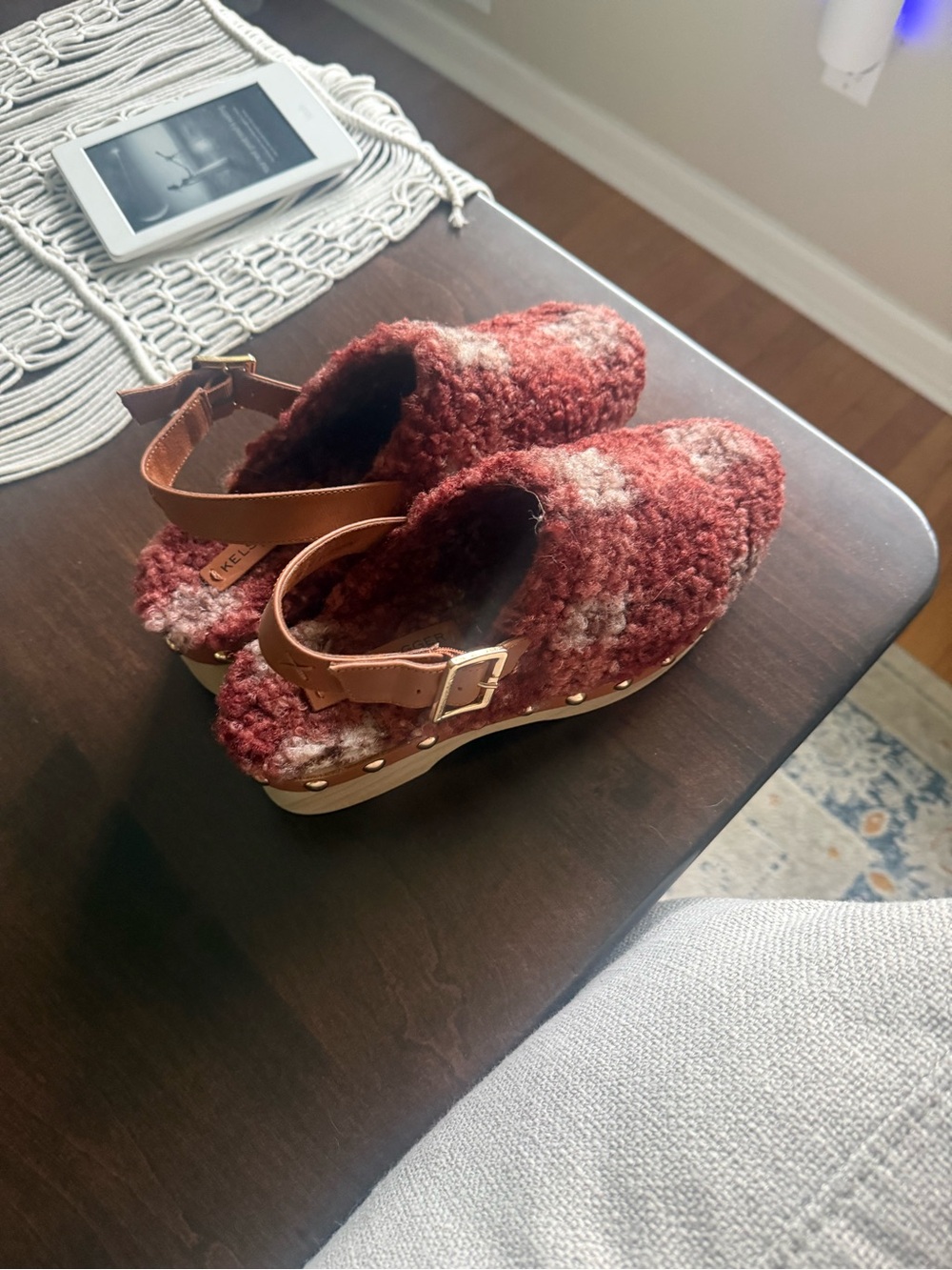 Kensie Red Marled Boucle Slingback Clogs with Tan Strap